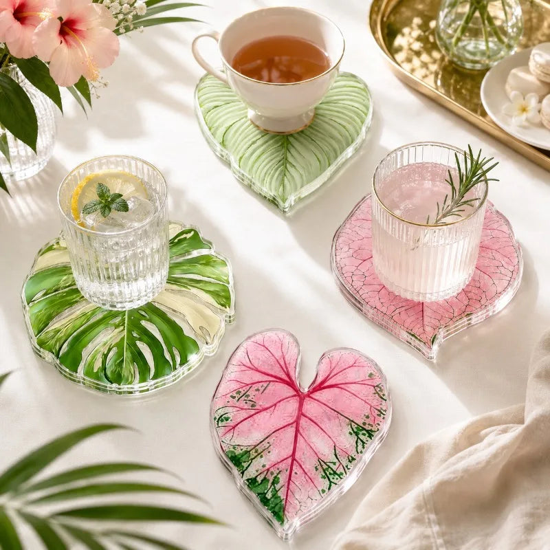 4-Piece Set of Acrylic Tropical Plant Leaf Coasters, New Style Coasters, Heat-Insulating Coaster Set, Protects Tabletops from Hot Drinks, Cups, and Plates - Eco-Friendly, Suitable for Offices, Restaurants, Cafes, Hallo