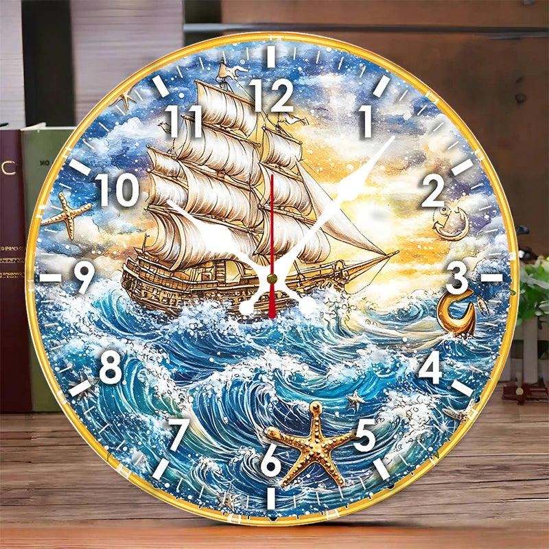 Dolphin Anchor Wooden Round Silent Hanging Wall Clock, Suitable For Living Room, Office, Study Room, Bedroom, Home Decoration