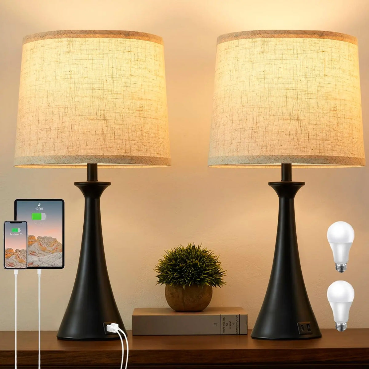 Touch Lamp for Living Room Bedroom, 21" Table Lamps Set of 2 with USB C+A Ports, Touch Bedside Lamps for Nightstand with 3 Way
