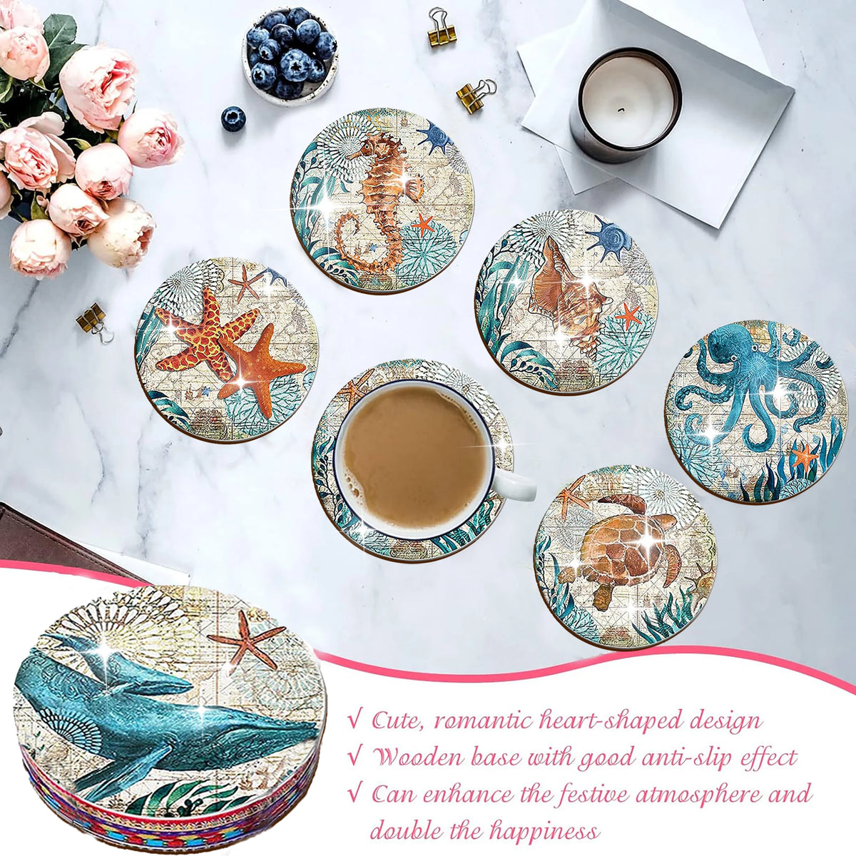 The 8-Piece Set of Anti-Slip Wooden Coasters for Marine Animals Is Suitable for Kitchens and Dining Rooms