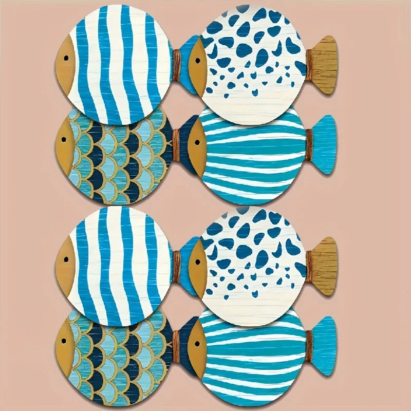 2D Flat 8pcs Whimsical Fish-Shaped Wooden Coasters Vibrant Blue & White Patterns, Heat-Resistant, Perfect for Coffee & Tea Lover