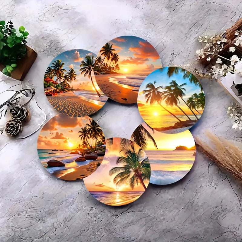 2D Summer Beach Scene Pattern Wooden Coaster Desktop Protection for Restaurants Bars Coffee Shops Tea Houses Offices Home Decor