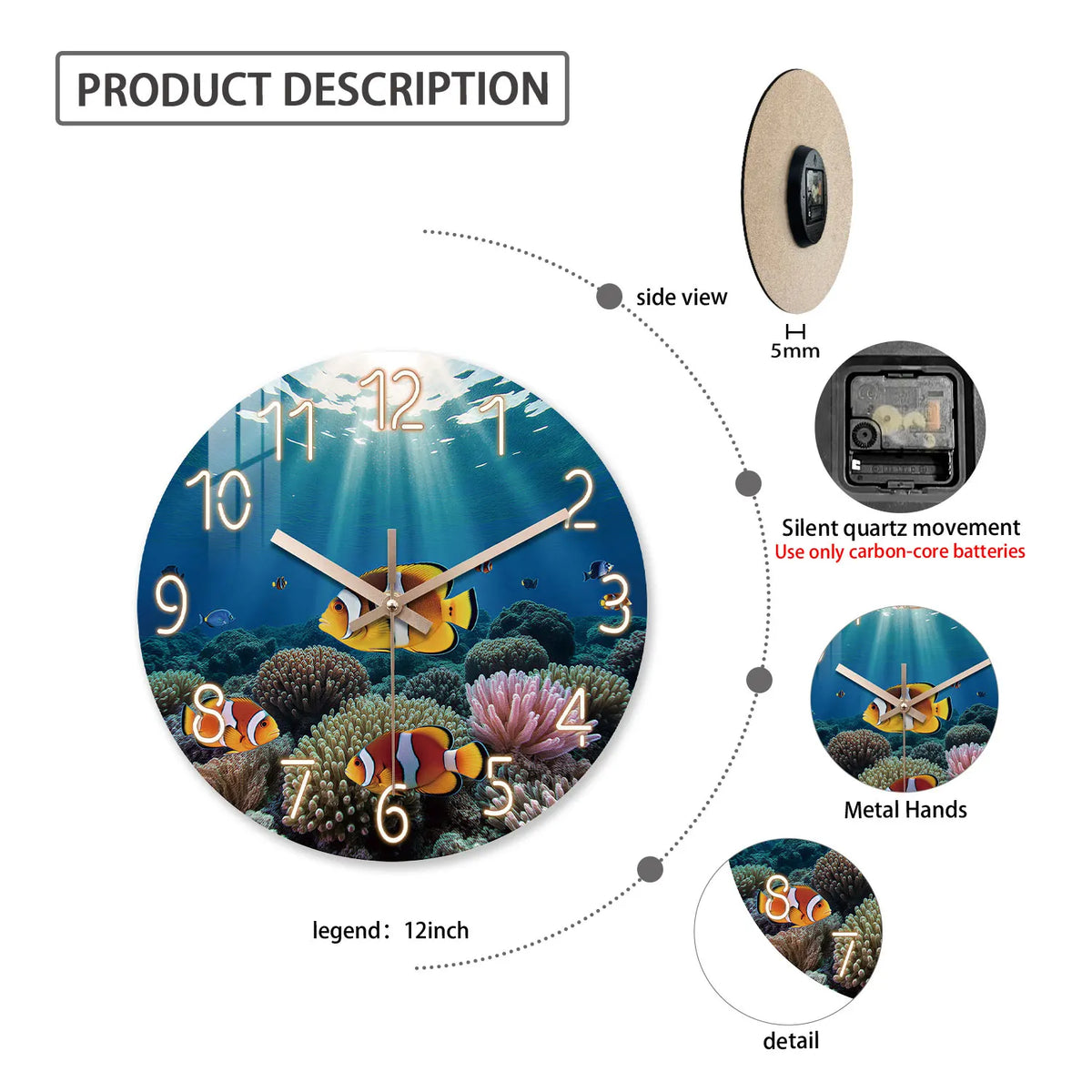 Ocean Eco Clownfish Coral Pattern Wooden Wall Clock, 10-24inch Silent Wall Clocks, Aa Battery Powered, Suitable for Living Room, Bedroom, Office, (Batteries Not Included), Mother's Day, Easter, April Fool's Day