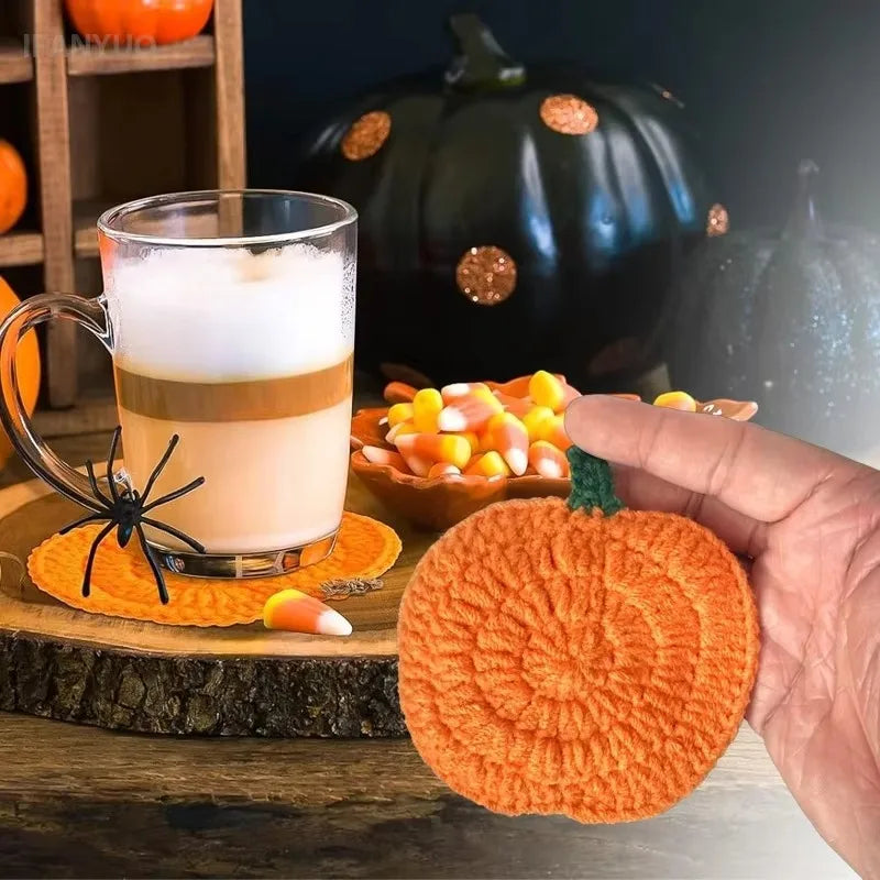 Halloween Crochet Pumpkin Coasters Autumn Thanksgiving Fabric Handmade Cup Mat Halloween Table Decor Fall Farmhouse Decoration