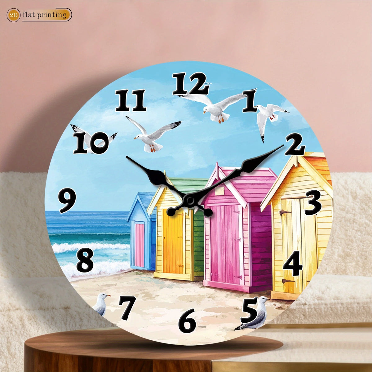 1pc Beach Huts with Seagulls, Wooden Home Wall Clock- 2D Flat Printed Silent Scan Clock, Christmas and Valentine's Day Decorations, Suitable for Restaurant and Kitchen Decoration, The Perfect Birthday and Housewarming Gift, 2