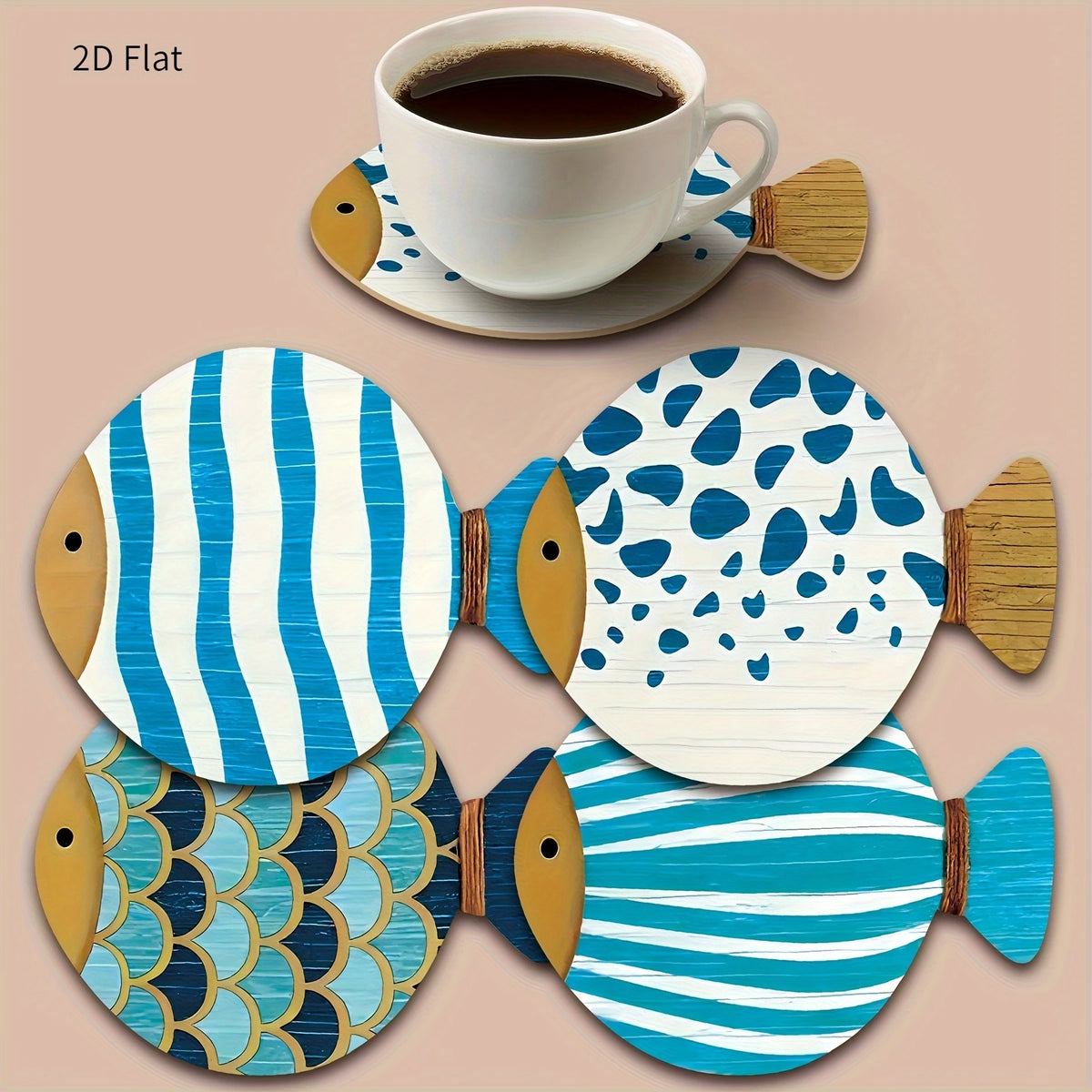 2D Flat 8pcs Whimsical Fish-Shaped Wooden Coasters Vibrant Blue & White Patterns, Heat-Resistant, Perfect for Coffee & Tea Lover