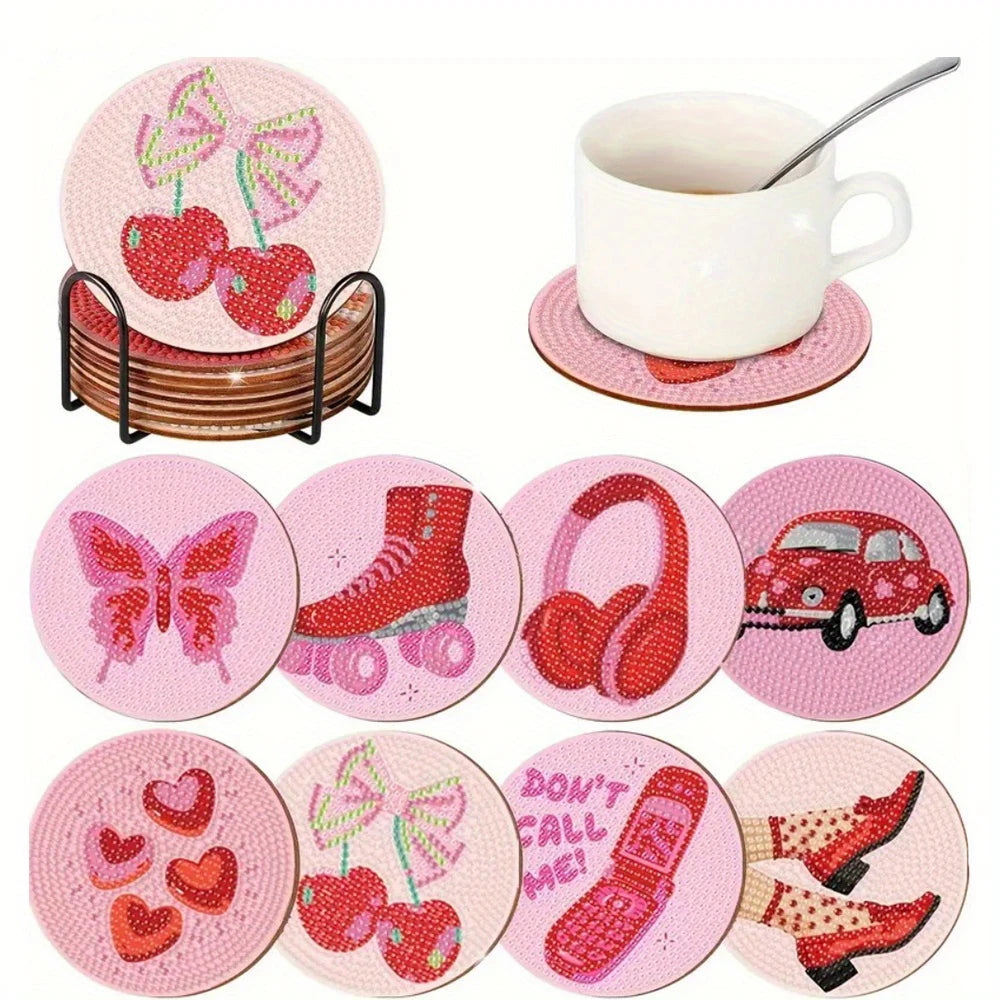 8 Pieces/Set Rose and Diamond Painting Coaster Set, DIY Coaster with Holder, Beginner and Adult Diamond Craft Gift