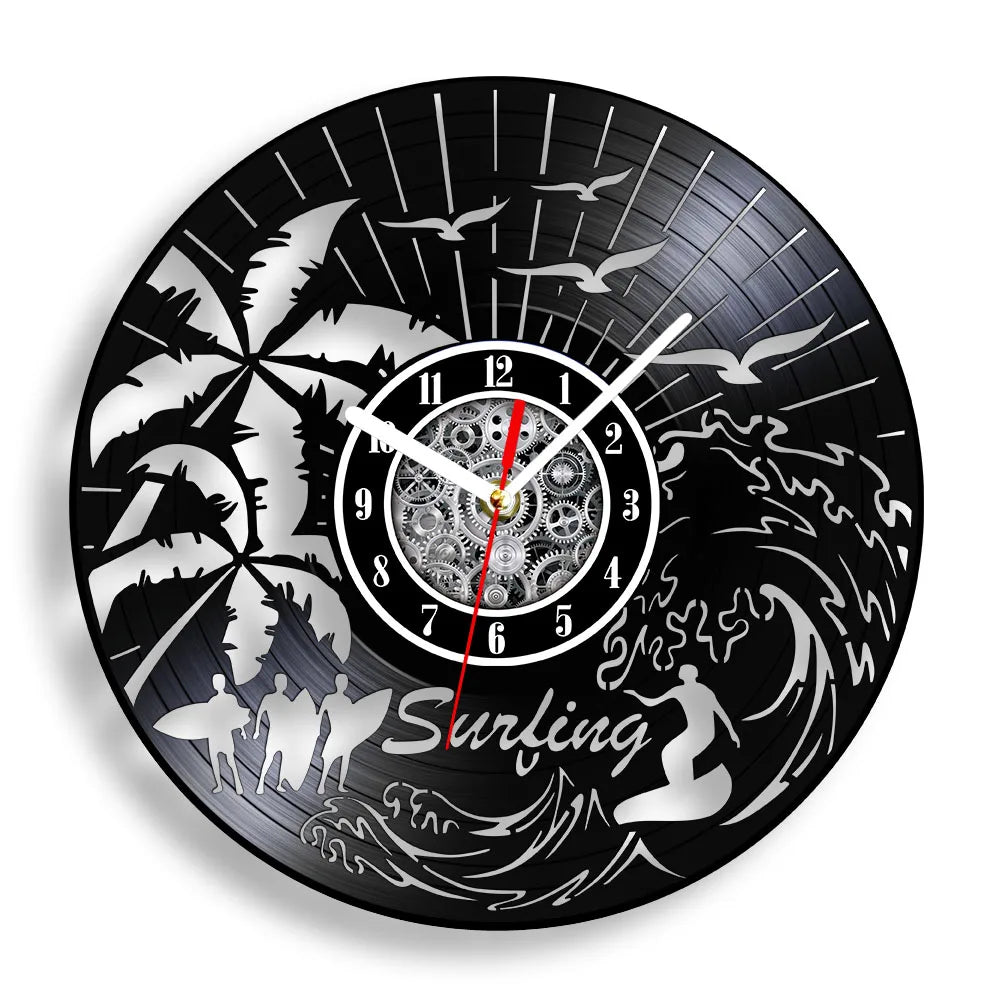 Water Sport Surfing Vinyl Record Wall Clock Sea Wave Coastal Landscape Wall Art Handicraft Carved Music Album Clock Surfer Gifts