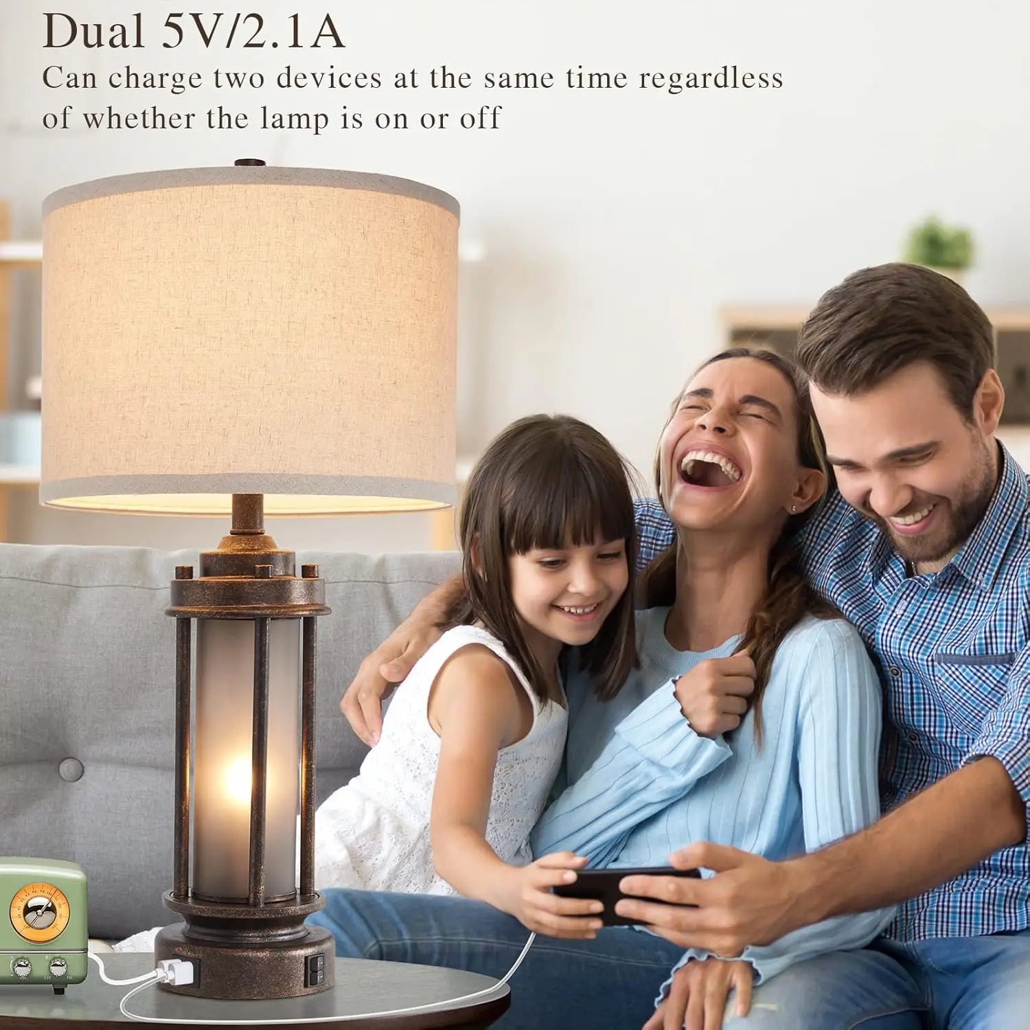 Set of 2 Farmhouse Lamps with USB Charging Ports for Living Room, Rustic Nightstand Table Lamp with Built-In Night Light, 4