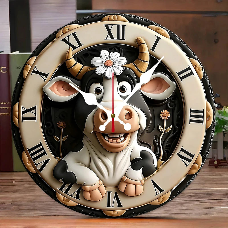 Cow Pattern Wooden Round Silent Hanging Wall Clock, Suitable For Living Room, Office, Study Room, Bedroom, Home Decoration