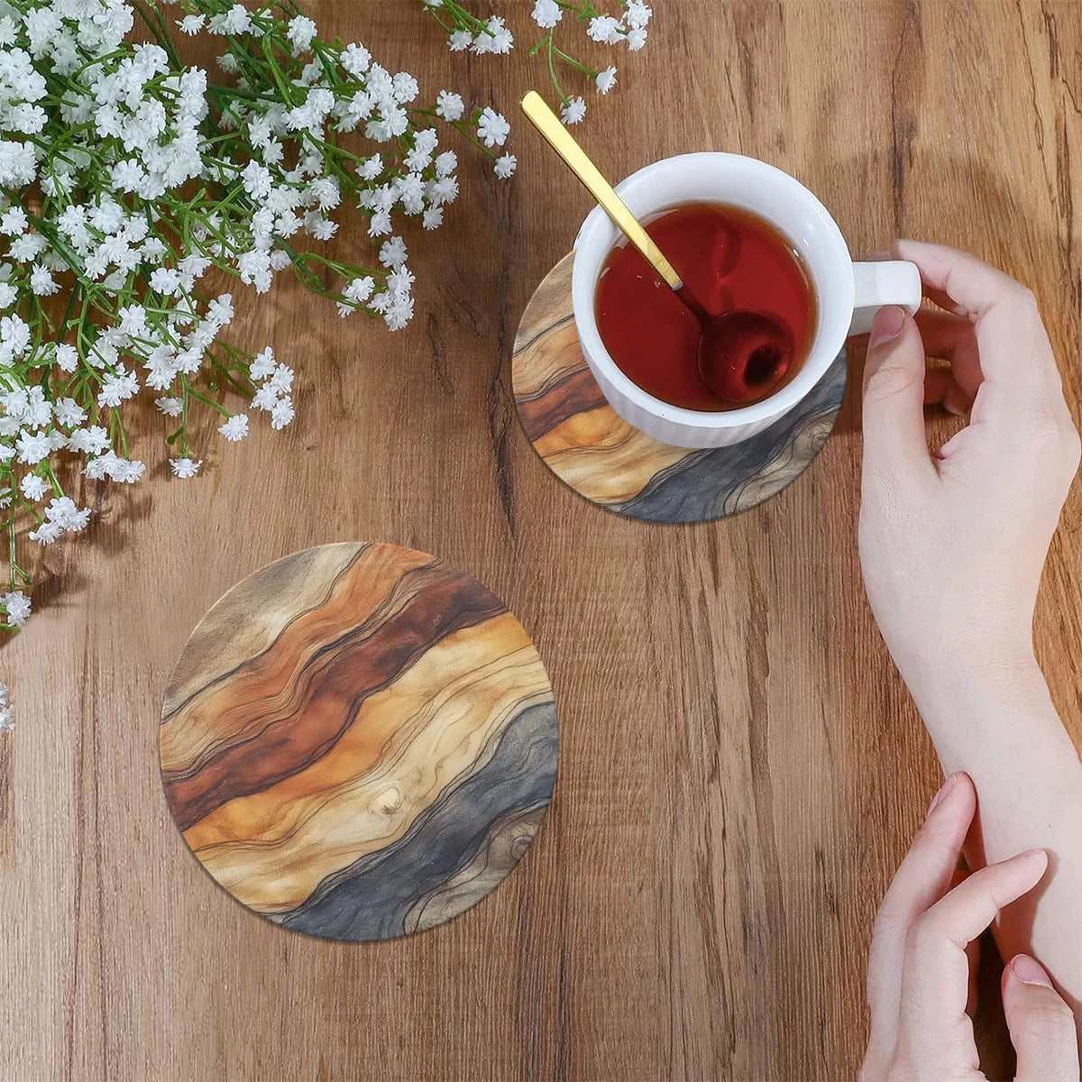 4in Exquisite Marble-Patterned Wooden Decorative Cup 2D Flat Coasters Heat-Resistant Anti-Slip Wood Grain Tabletop Protection