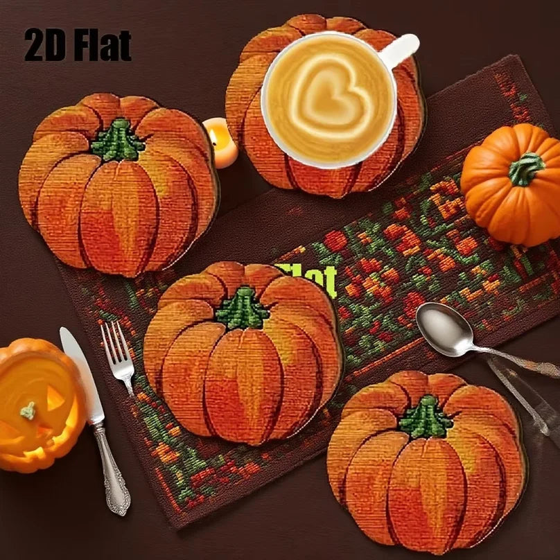 6pcs 2D 4in Pumpkin Shaped Wooden Coasters Colorful Print Anti-Slip Coffee Mats Kitchen Dining Room Decorative Accessories