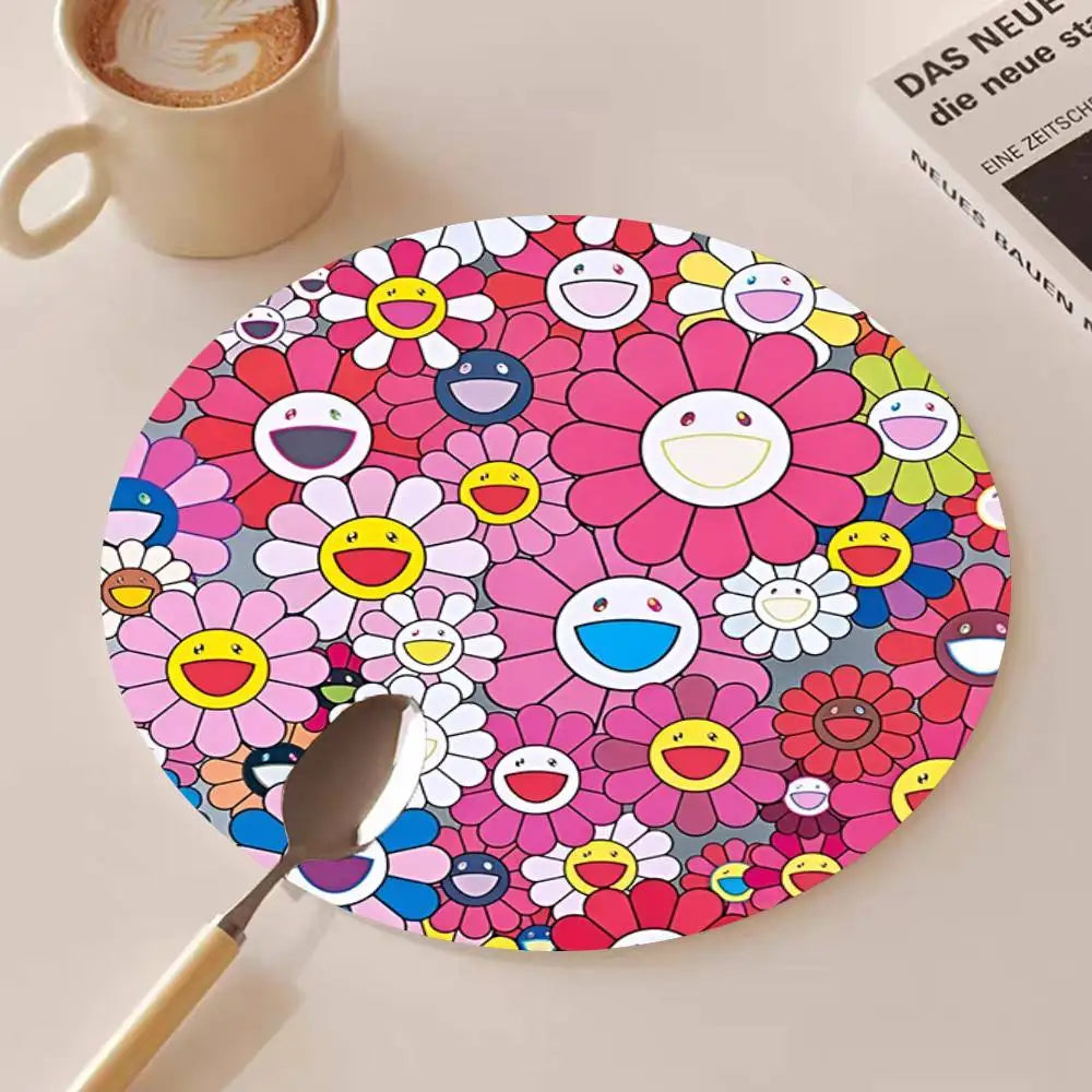 Cute T-Takashi Flowers M-Murakami Round Wooden Coasters Suitable For Restaurants And Coffee Home Gift Choice Holidays