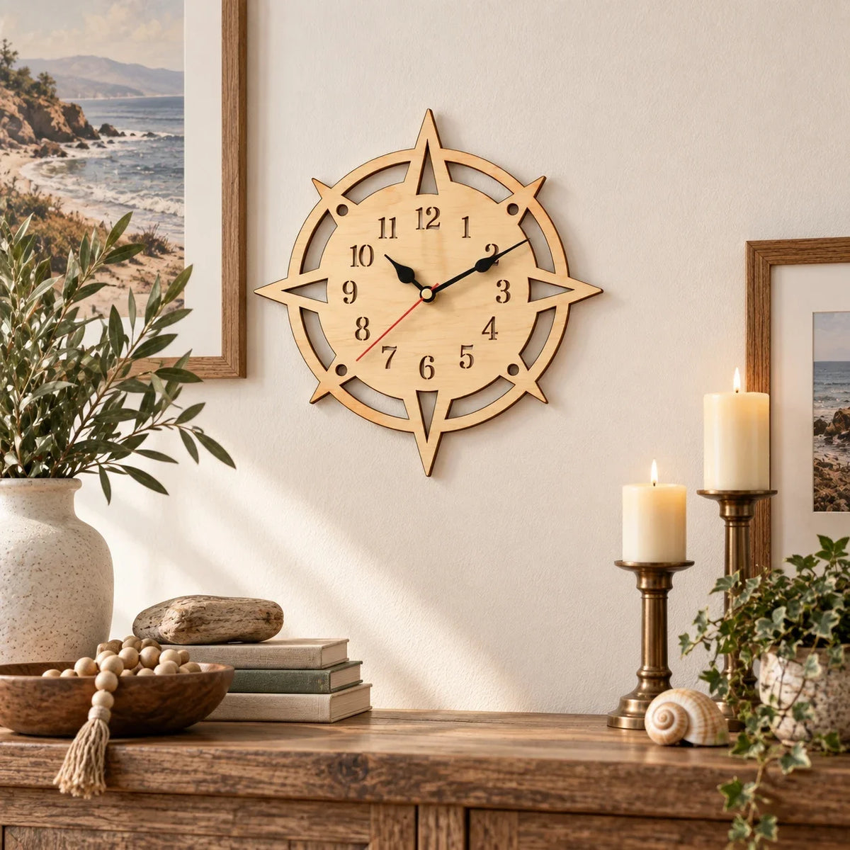 Wooden Compass Wall Clock, Nautical Coastal Home Decor, Laser Cut Wood Clock, Rustic Beach House Clock, Unique Housewarming Gift