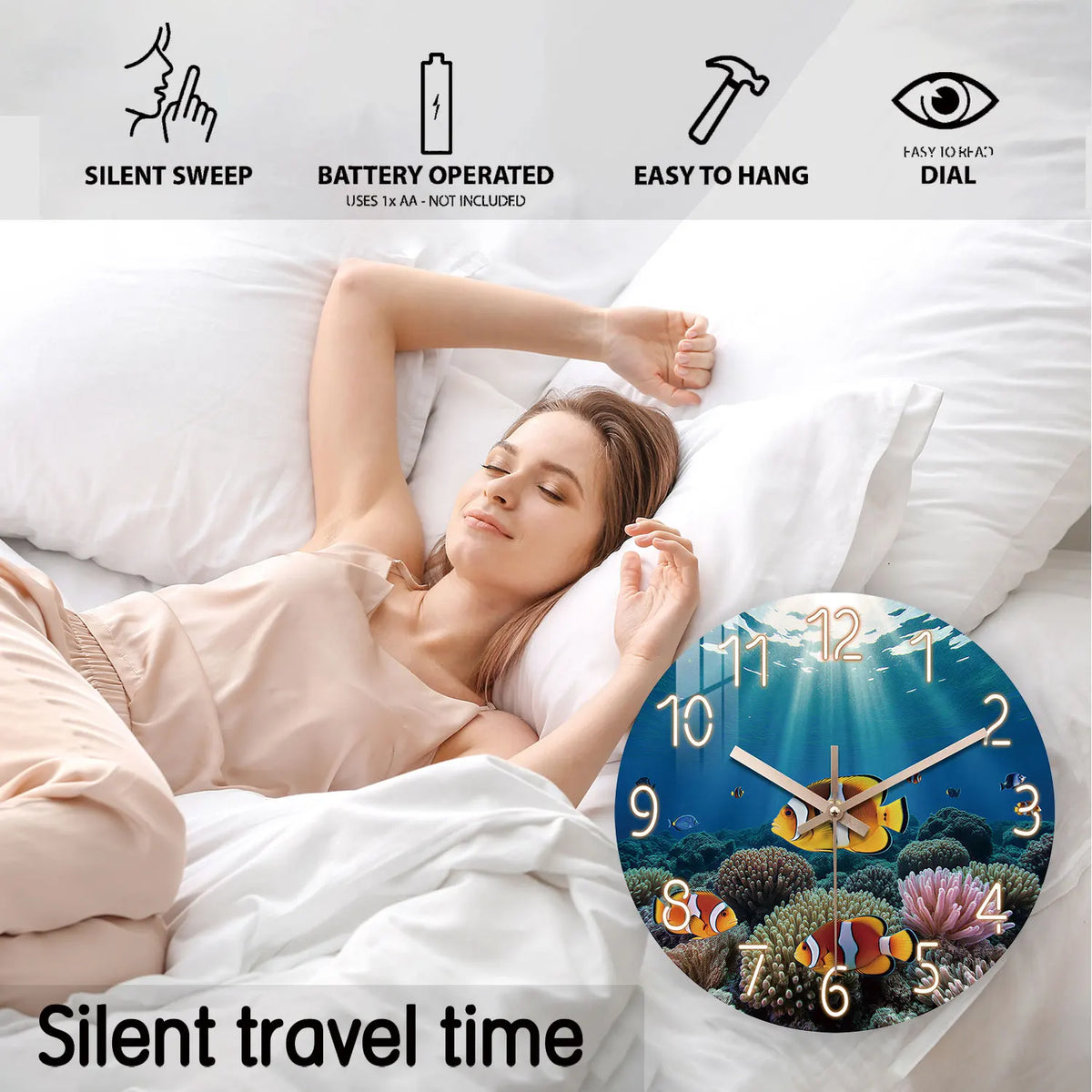 Ocean Eco Clownfish Coral Pattern Wooden Wall Clock, 10-24inch Silent Wall Clocks, Aa Battery Powered, Suitable for Living Room, Bedroom, Office, (Batteries Not Included), Mother's Day, Easter, April Fool's Day
