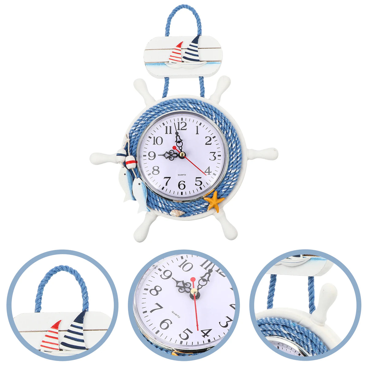 Premium Wooden Rudder Wall Clock Vintage Hanging Silent Decorative Mediterranean Style Nautical Anchor Home Bar Cafe Room Office
