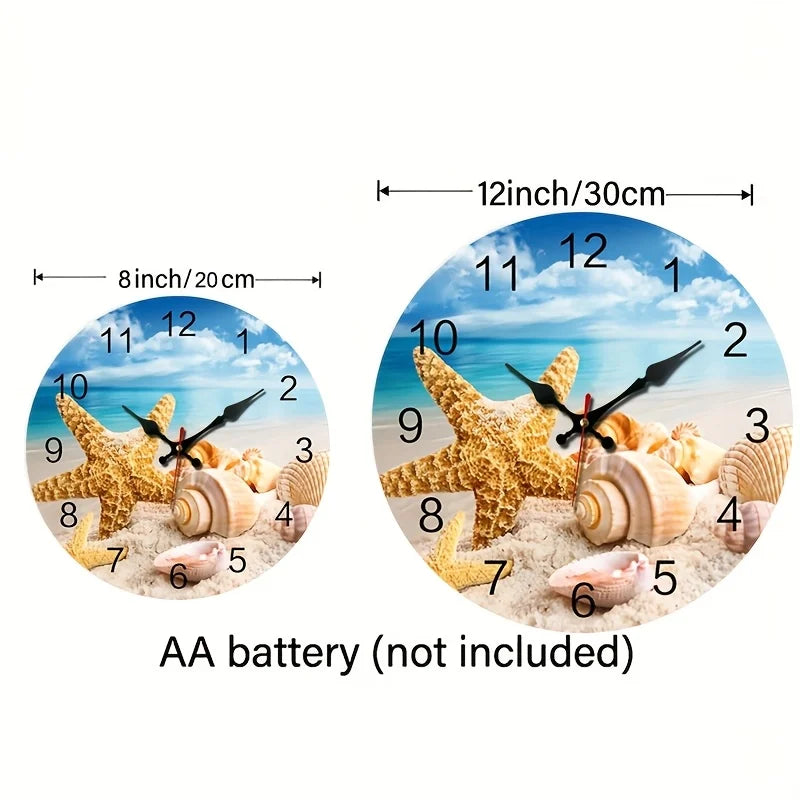 Round Wall Clock/Beach And Shell Theme/Silent Operation Without Ticking/Perfect for Home Decoration During Holidays And As a Gift