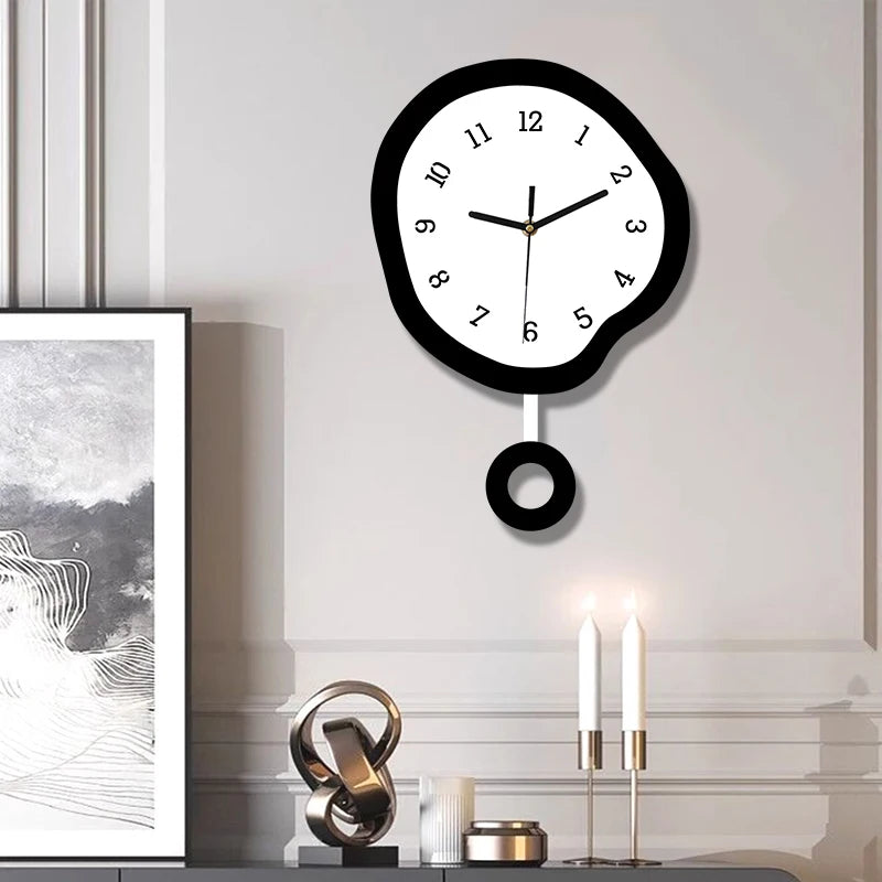 Twisted elliptical swinging wall clock, creative and fun with pendulum, silent clock suitable for living room, kitchen