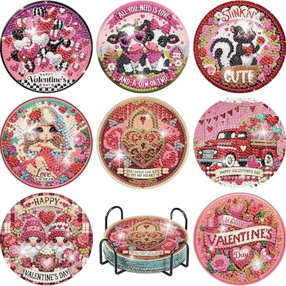 8 Pieces/Set Rose and Diamond Painting Coaster Set, DIY Coaster with Holder, Beginner and Adult Diamond Craft Gift