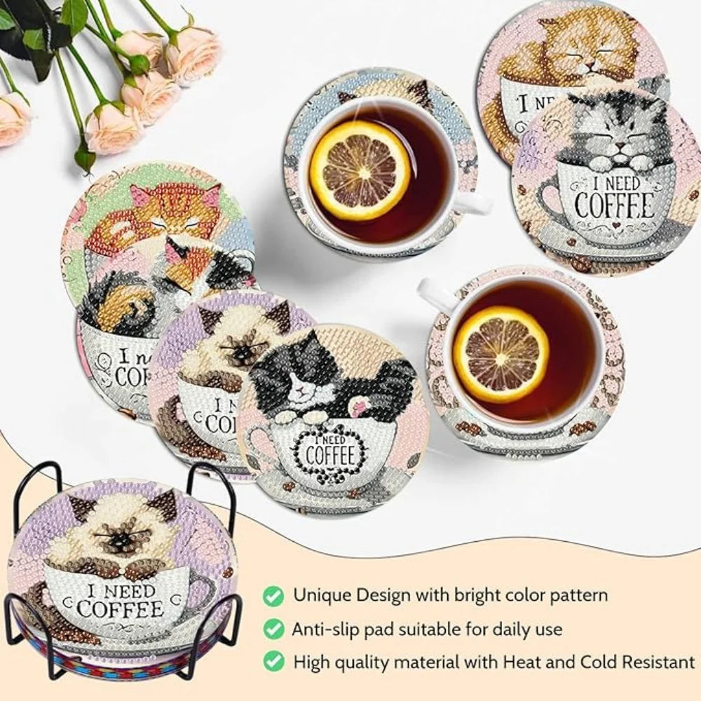 8 Pieces of Diamond Art Painting Coasters with Brackets, DIY Cat Patterned Diamond Art Coasters, Suitable for Both Adults and Be
