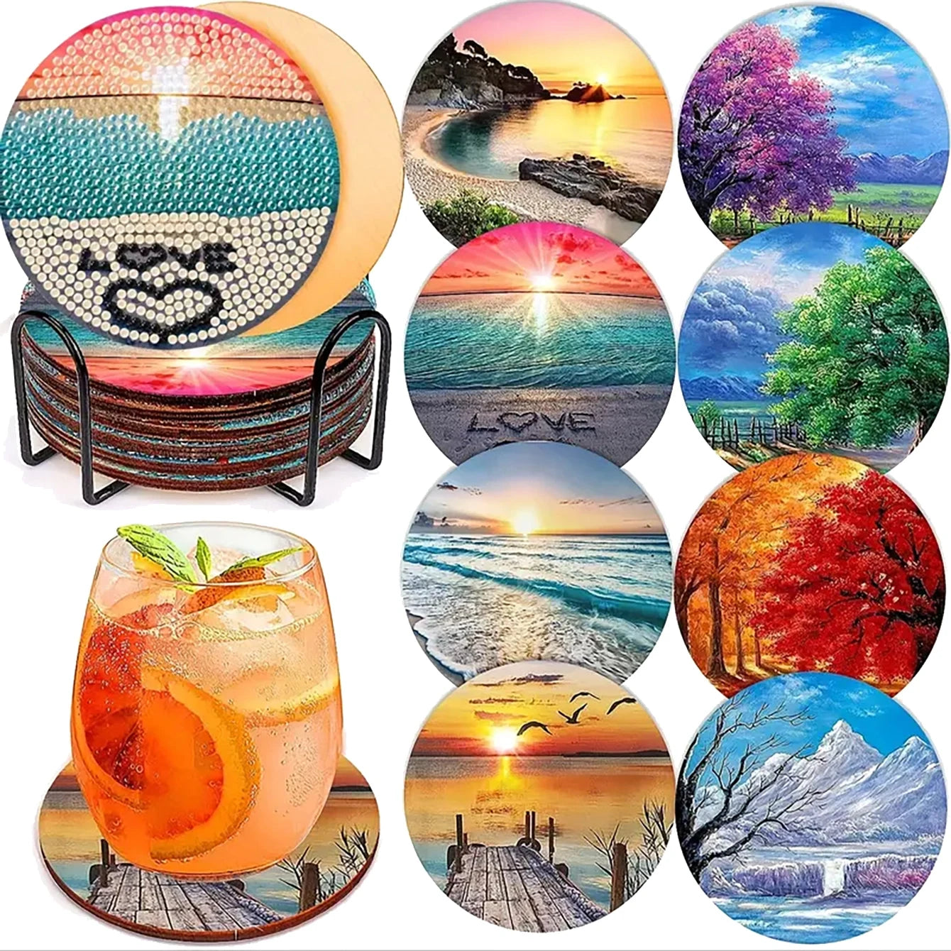 8 pieces/set Landscape Diamond Painted Coaster Set with Bracket DIY Coaster Beginner Coaster, Craft Supplies Gift