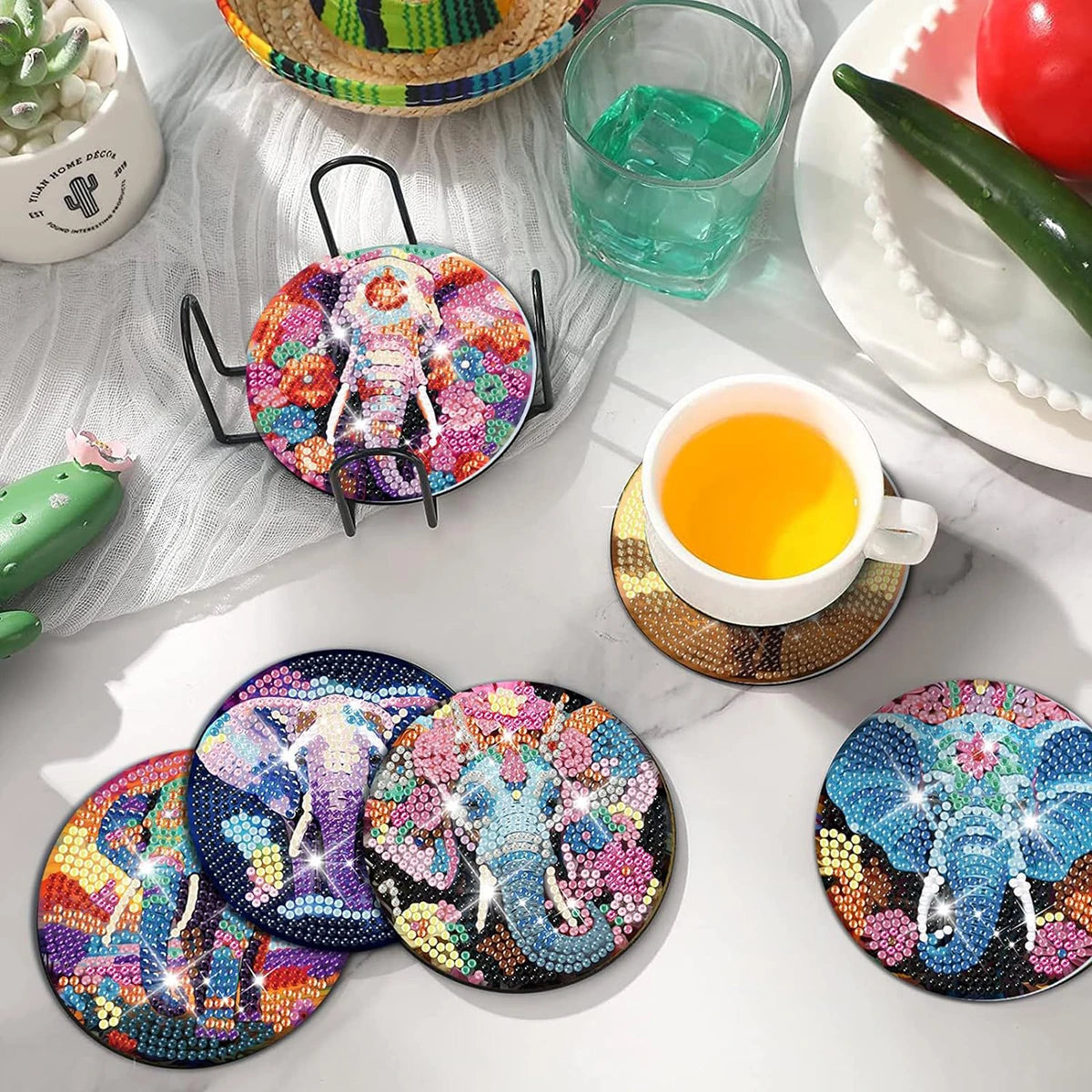 8 Pieces/Set of Diamond Painted Elephant Patterns, DIY Coasters with Brackets, Non Slip Beverage Coasters, Mosaic Production