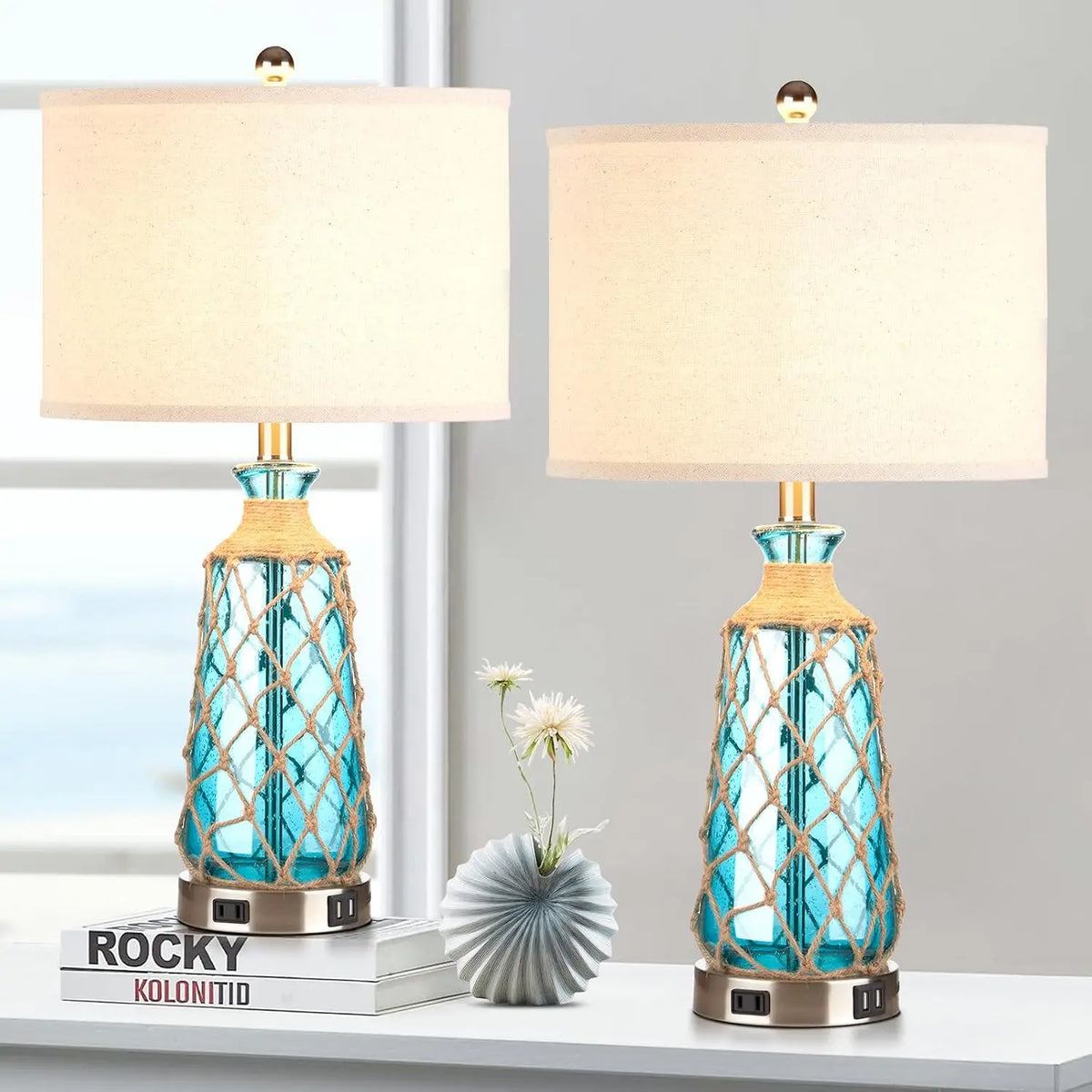 25.5 Coastal Glass Table Lamps Set of 2 3 Way Dimmable Touch Control Bedside Lamps 2 Usb Ports Ac Outlet Blue Nautical Nightstan