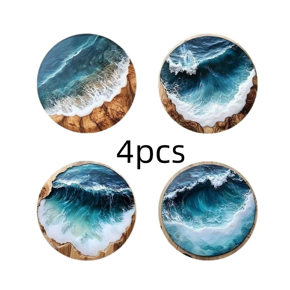 8/4pcs ocean beach pattern printed wooden coasters, heat-insulating protective mats, suitable for water bottles, cafes, offices, kitchens, restaurants, birthday gifts