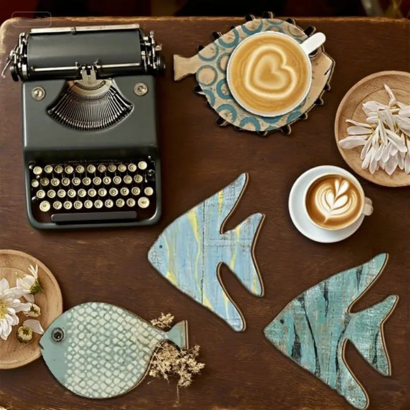 6pcs 2D Fish-Shaped Wooden Coasters Anti-skidding Heat-Resistant Beach-Themed Kitchen Decoration Maritime Style Coffee Shop Use