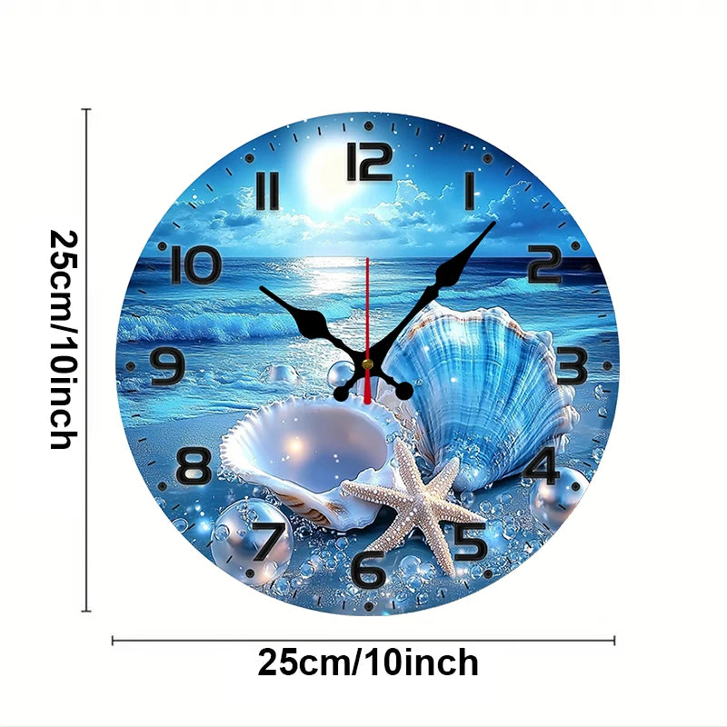 Shining Seaside Shells Wooden Round Silent Hanging Wall Clock,Suitable For Living Room,Office,Study Room,Bedroom,Home Decoration