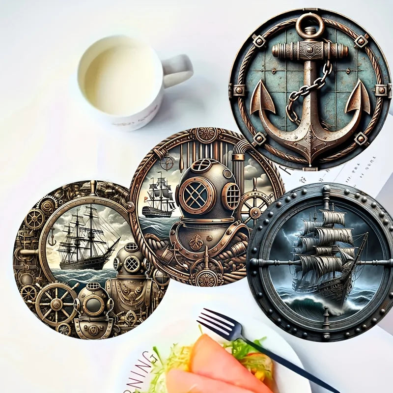 Retro Boat Navigation 2D Wooden Coaster Cup Pad Tea Coffee Cup Holder Kitchen Tabletop Protection Essential Home Decor Item 6PCS