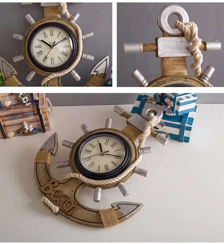 Mediterranean Style Wall Clock Retro Fiberboard Silent Anchor Wall Hanging Clock Watch Coffee Bar Home Clock Decoration