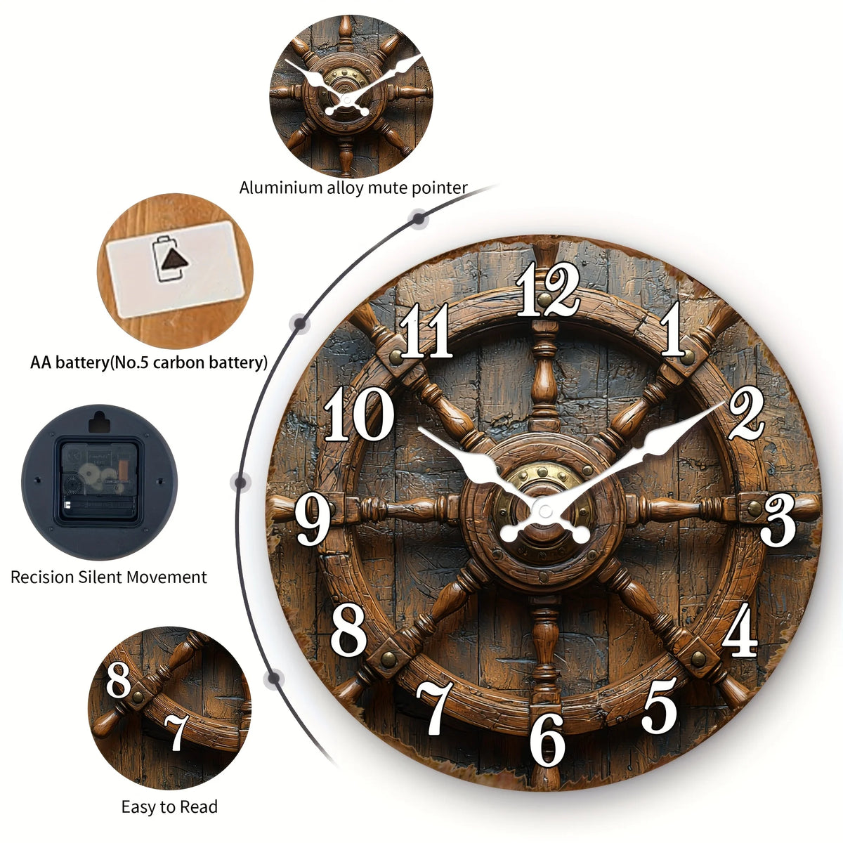 1pc Wooden Wall Clock Retro Style Nautical Wooden Ship Wheel Clock Round Silent Clock for Living Room, Dining Room, Kitchen, Bedroom, Office Thanksgiving, Christmas Decoration, Ideal Birthday Gift (AA Batteries Not Included)