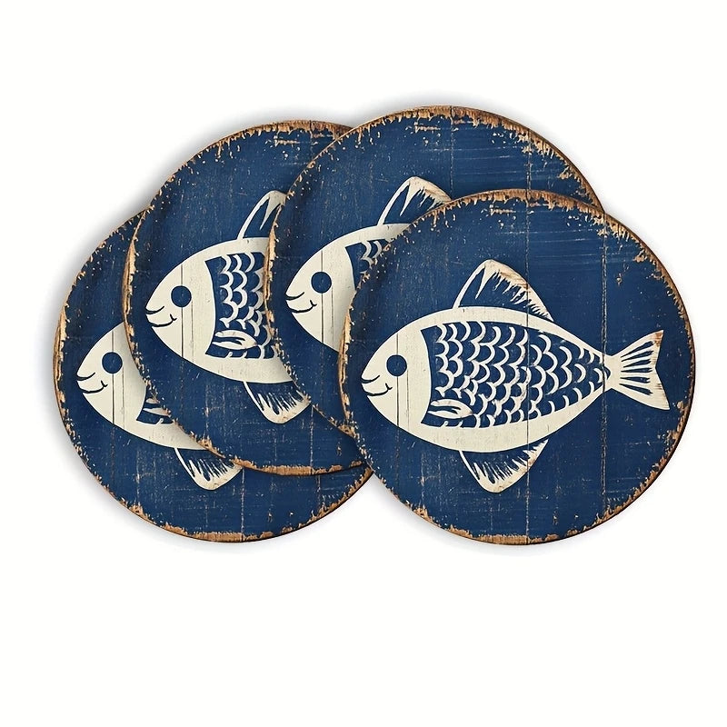4pcs 2D Flat Sea Fish Shaped Wooden Coasters Retro Coffee Shop Furniture Decor Cup Mats Desktop Protection Pads Ideal Home Gifts