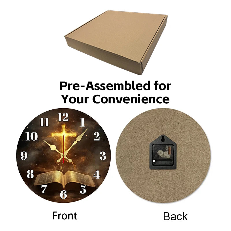 Flame & Open Book Wooden Round Silent Hanging Wall Clock, Suitable For Living Room, Office, Study Room, Bedroom, Home Decoration