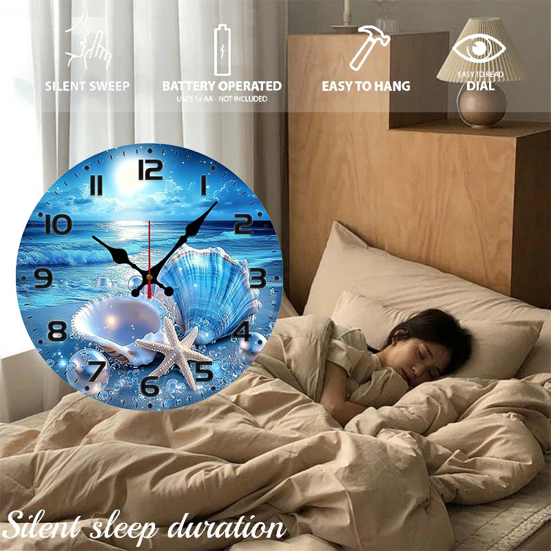Shining Seaside Shells Wooden Round Silent Hanging Wall Clock,Suitable For Living Room,Office,Study Room,Bedroom,Home Decoration