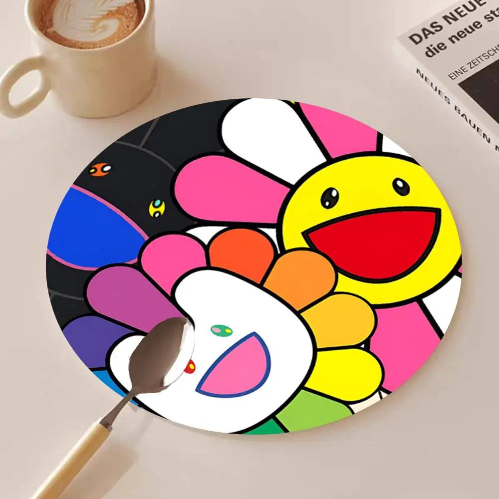 Cute T-Takashi Flowers M-Murakami Round Wooden Coasters Suitable For Restaurants And Coffee Home Gift Choice Holidays