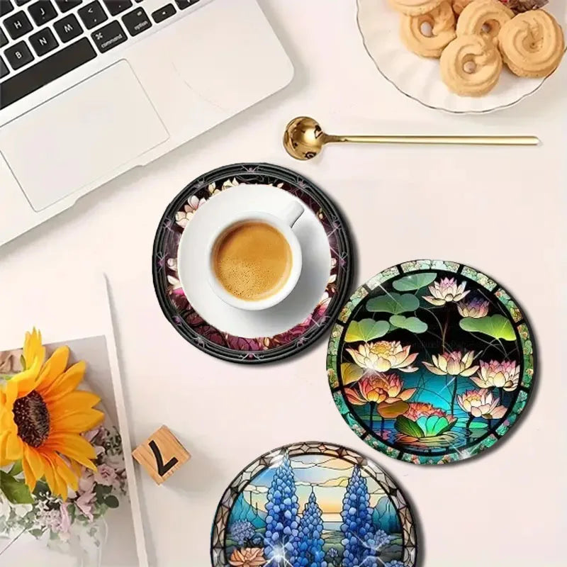 8 Sets of Floral Patterned Wooden Anti-Slip Coasters, Suitable for Bar and Cafe Decoration Anti-Slip Coasters