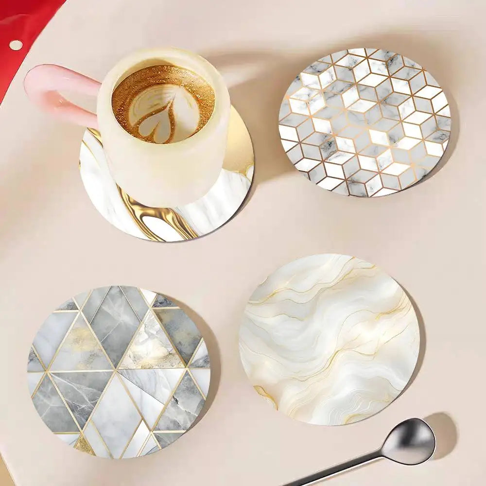 Golden Line Marble Pattern Round Wooden Coasters Suitable For Restaurants And Coffee Home Gift Choice Holidays