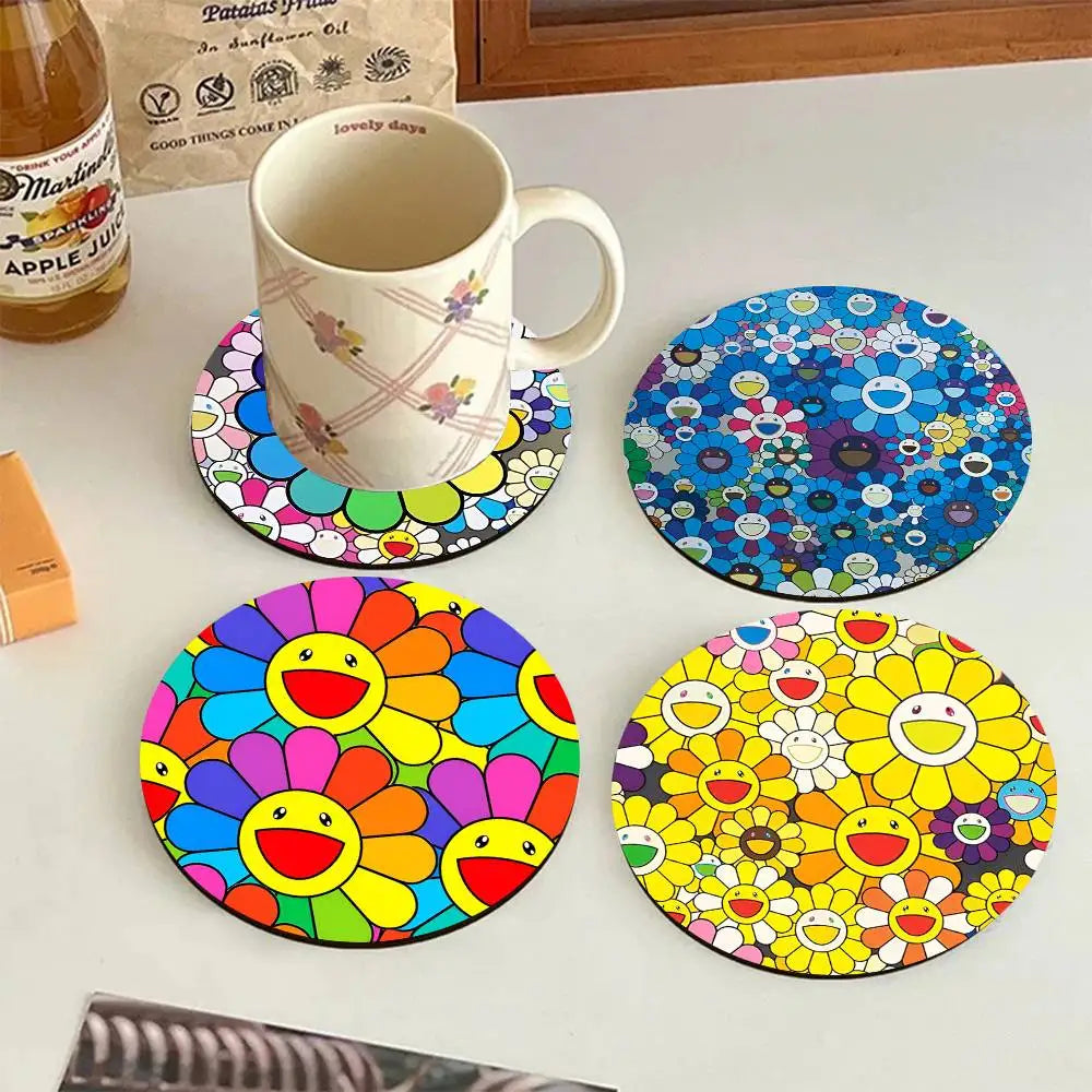 Cute T-Takashi Flowers M-Murakami Round Wooden Coasters Suitable For Restaurants And Coffee Home Gift Choice Holidays