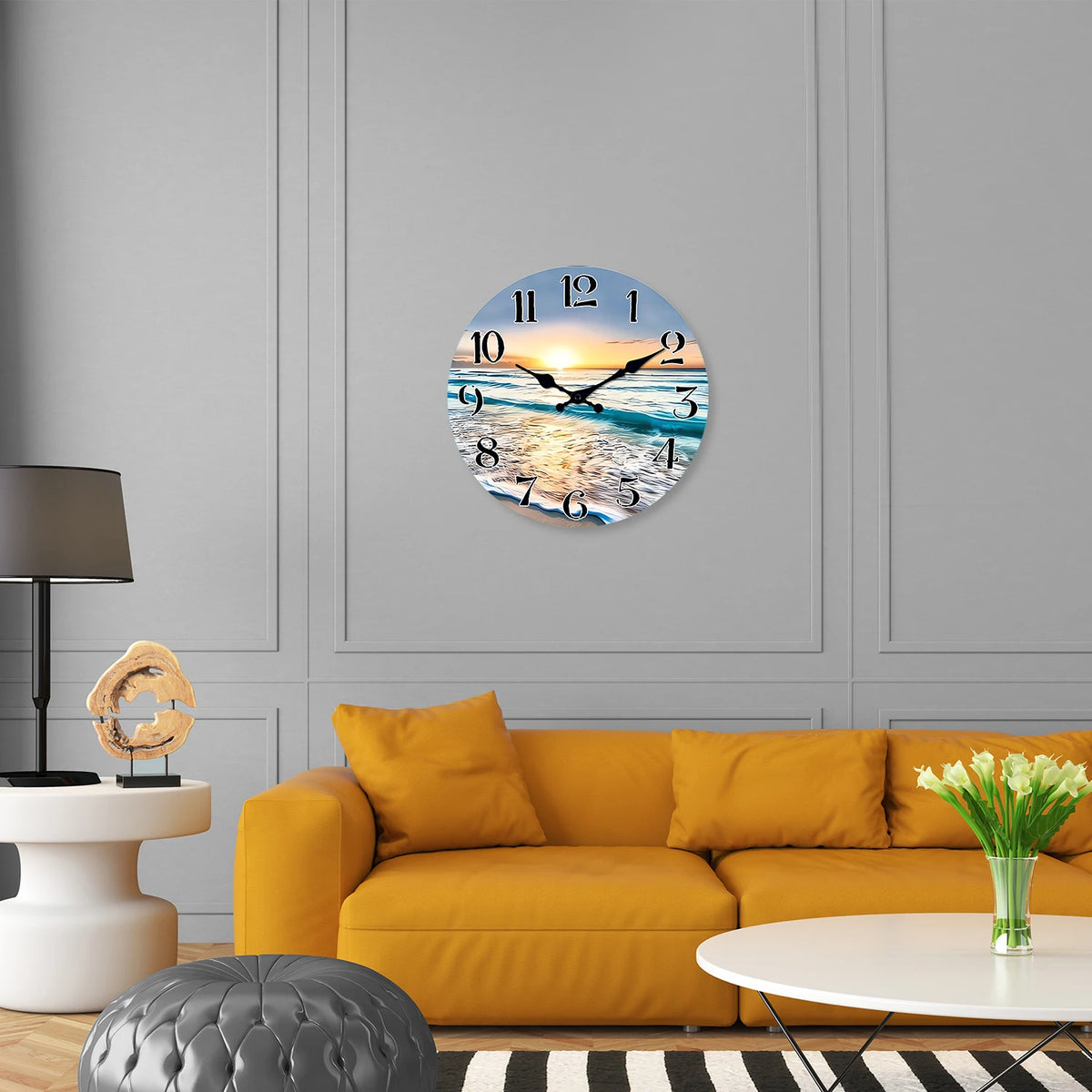 Modern Seaside Sunset Pattern Wooden Wall Clock Living Room Bedroom Kitchen Home Decoration Wall Clock Silent Quartz Clock Holiday Gift 10 Inches 12 Inches 14inch 16inch (No Battery)