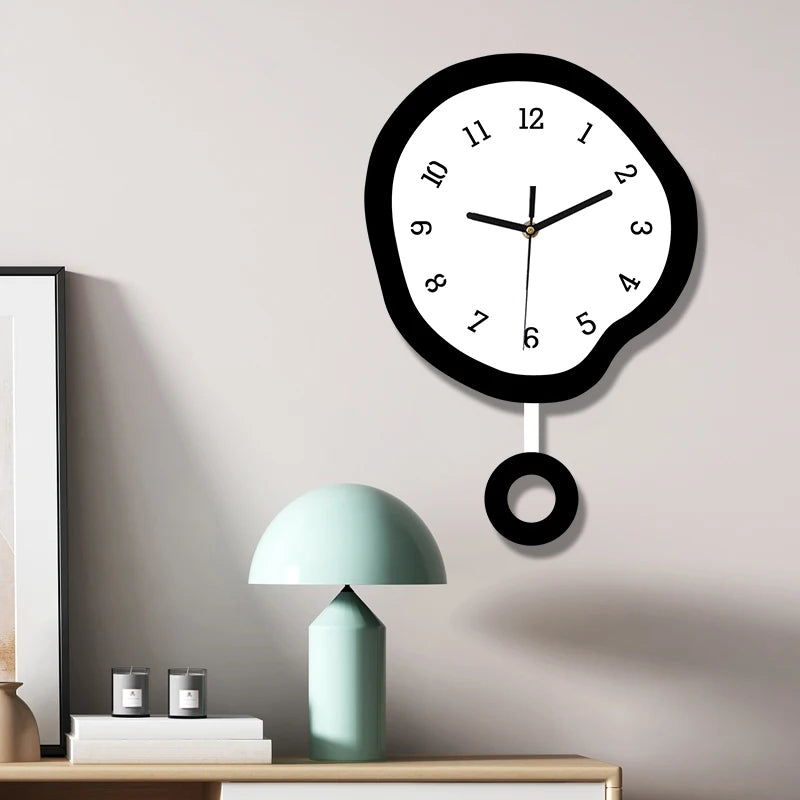 Twisted elliptical swinging wall clock, creative and fun with pendulum, silent clock suitable for living room, kitchen