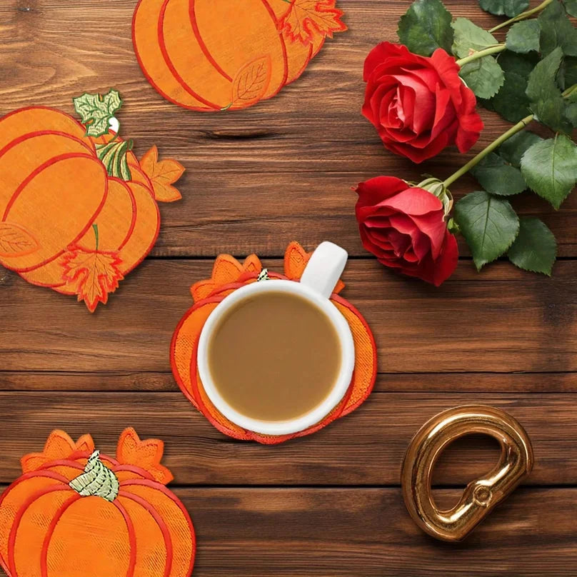 6pcs 2D 4in Pumpkin Shaped Wooden Coasters Colorful Print Anti-Slip Coffee Mats Kitchen Dining Room Decorative Accessories