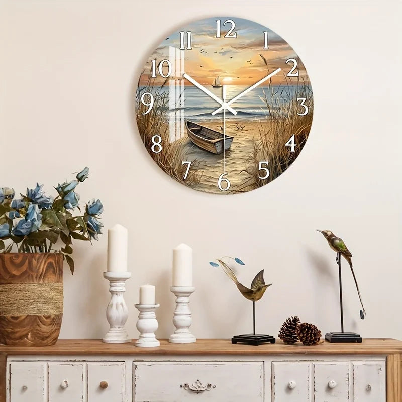 [2D Flat Wall Clock] 1pc 2D Flat Wall Clock Non-Ticking Wooden, Circular Clock HD Glossy Lamination Finish Serene Coastal Sunset with Boat Design for Bedroom, Dining Room, Entryway, Lounge, Reading Corner 10" 12" 14" 16" (No