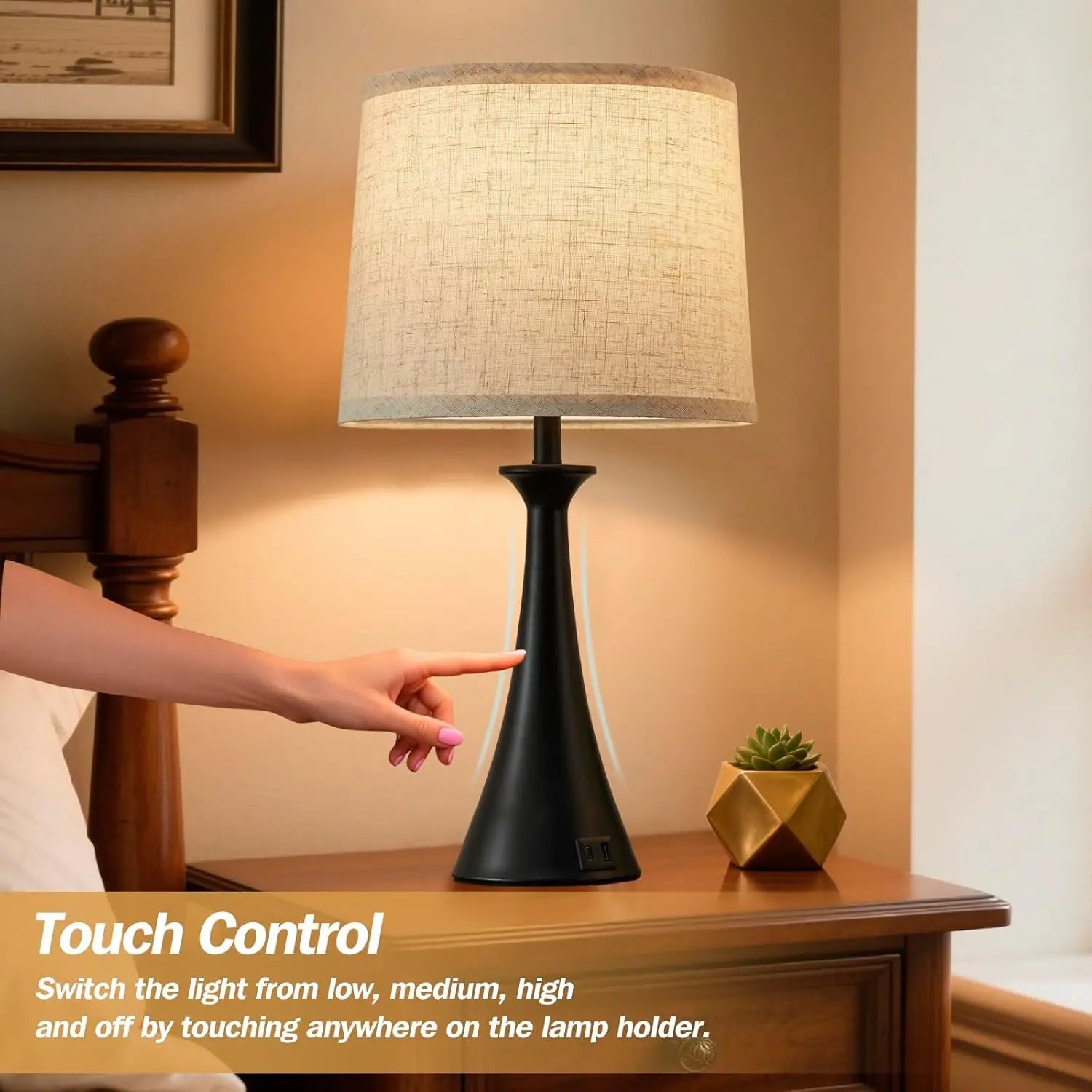 Touch Lamp for Living Room Bedroom, 21" Table Lamps Set of 2 with USB C+A Ports, Touch Bedside Lamps for Nightstand with 3 Way