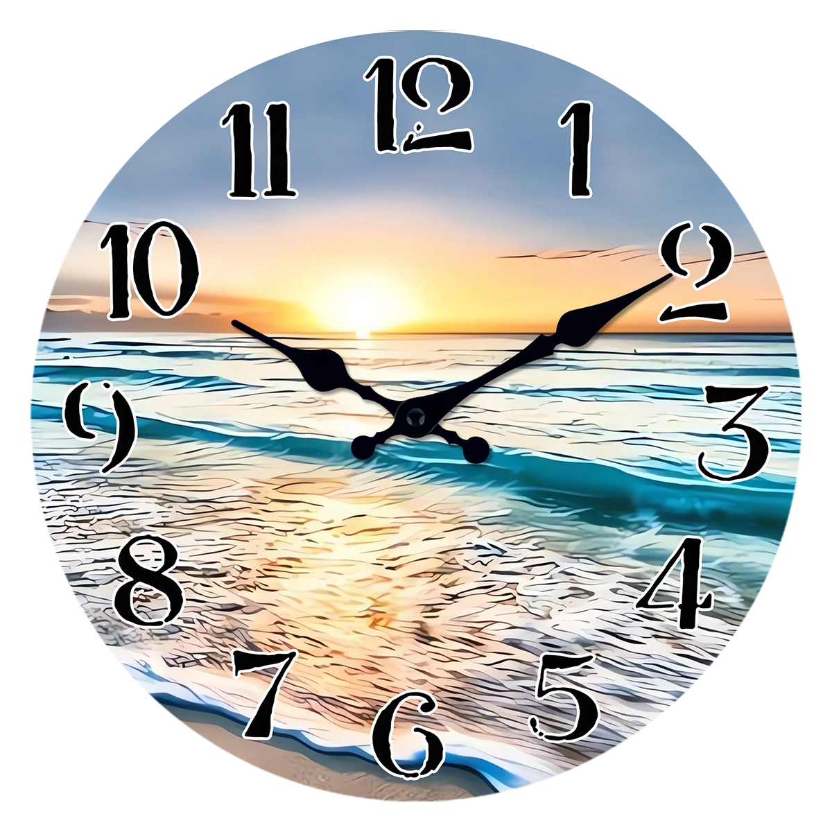 Modern Seaside Sunset Pattern Wooden Wall Clock Living Room Bedroom Kitchen Home Decoration Wall Clock Silent Quartz Clock Holiday Gift 10 Inches 12 Inches 14inch 16inch (No Battery)