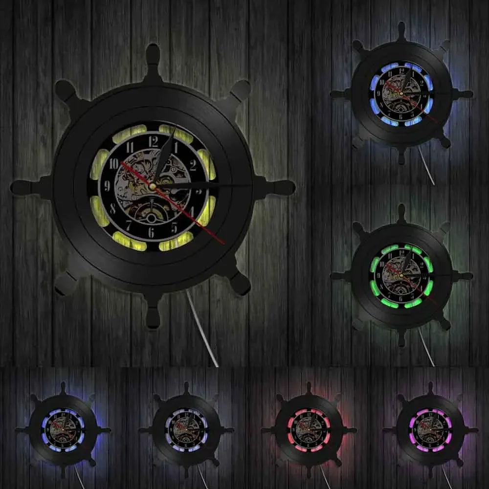 Boat Yacht Wheel Vintage Wall Clock Ship Steering Wheel Sea Conqueror Sailing Lase Cut Longplay Wall Watch Captain Voyager Gift