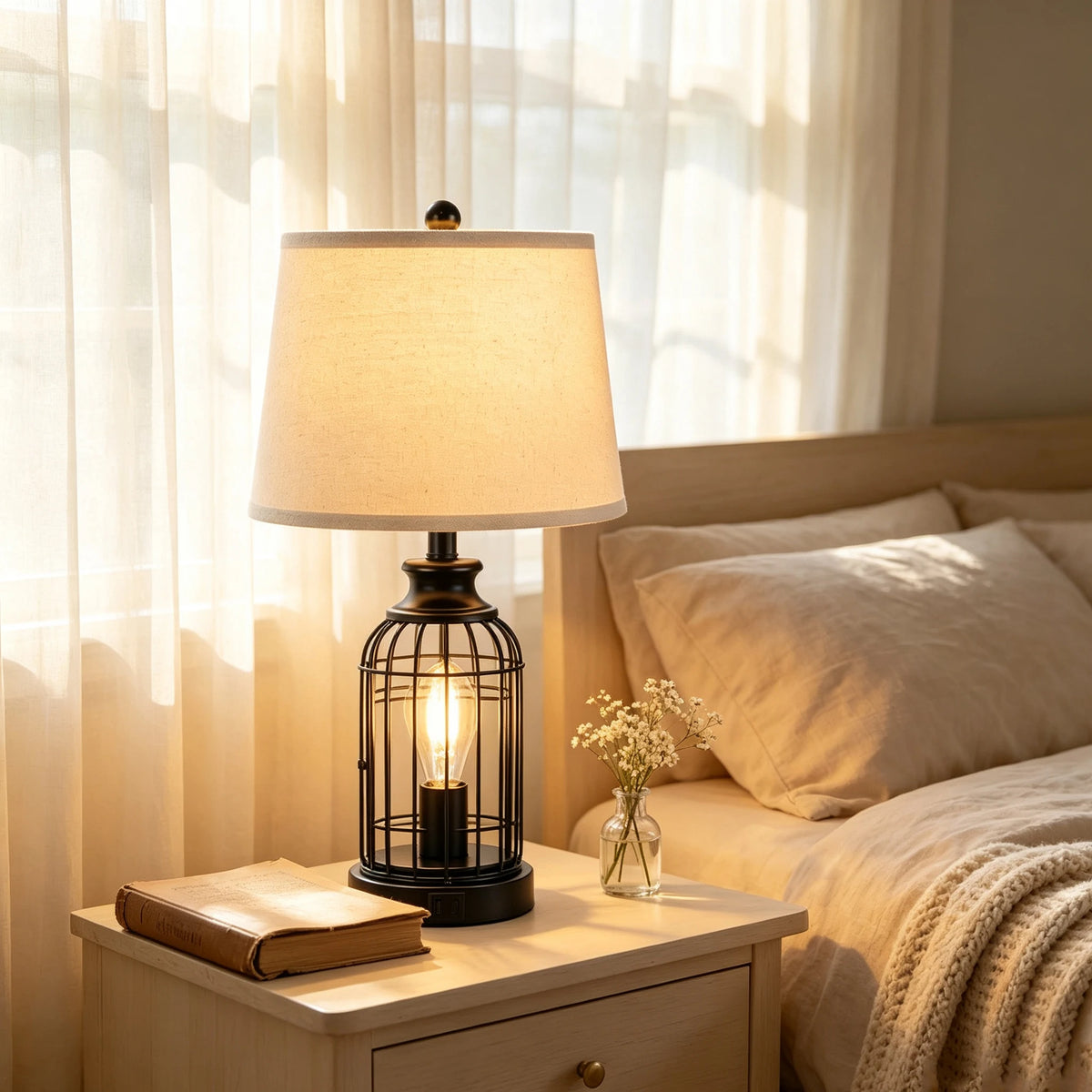 Table lamp Modern Minimalist European Hardware double layer cloth cover Table Lamp Hotel Guest Room Living Room Study Bedroom Bedside Decorative Lighting Lamps Indoor Lighting Shiping from USA