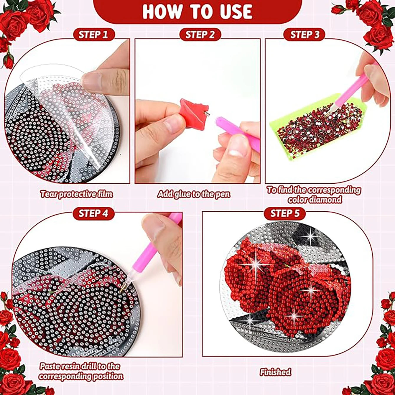 8 Pieces/Set Rose and Diamond Painting Coaster Set, DIY Coaster with Holder, Beginner and Adult Diamond Craft Gift