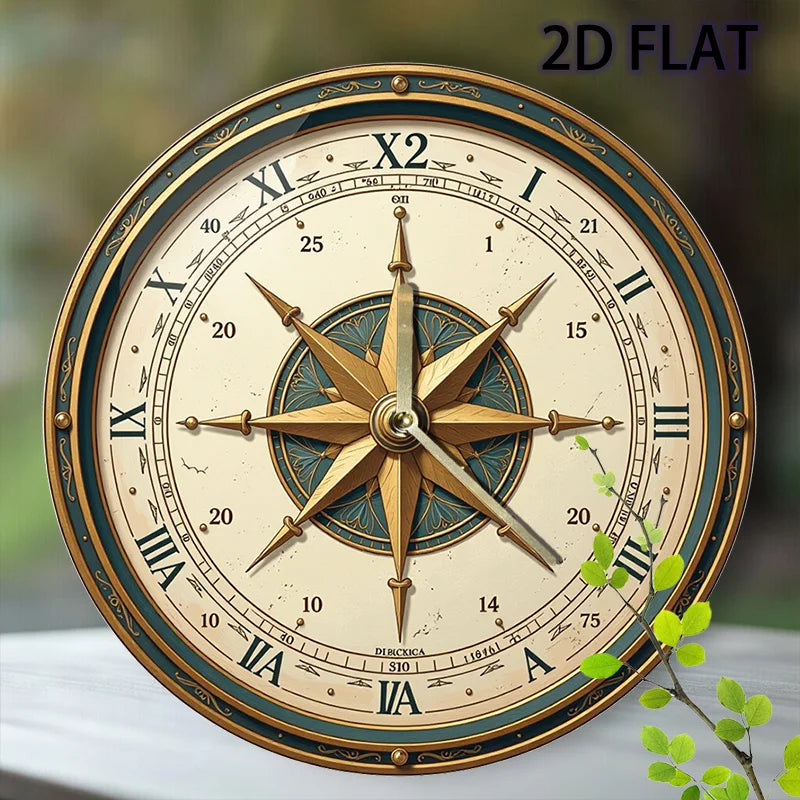 Wooden Nautical Compass Wall Clock - Silent Non-Ticking Round Ocean-Themed Clock with Compass, Suitable for Living Room, Bedroom, Office Decor, Housewarming Gift, Nautical Theme Decoration, 2D Flat